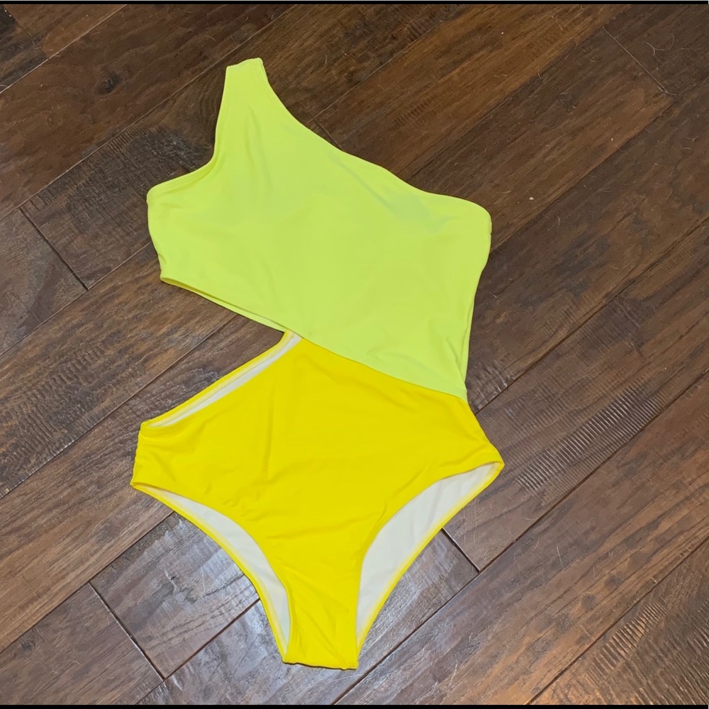 Two Toned Cut Out Neon Yellow One-Piece Size L